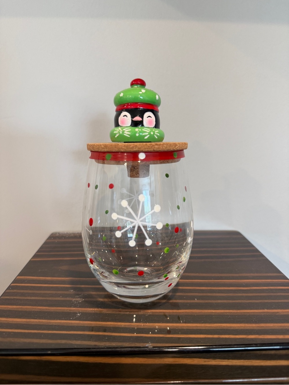 Holiday Penguin Glass Jar with Cork Lid - Green and Red